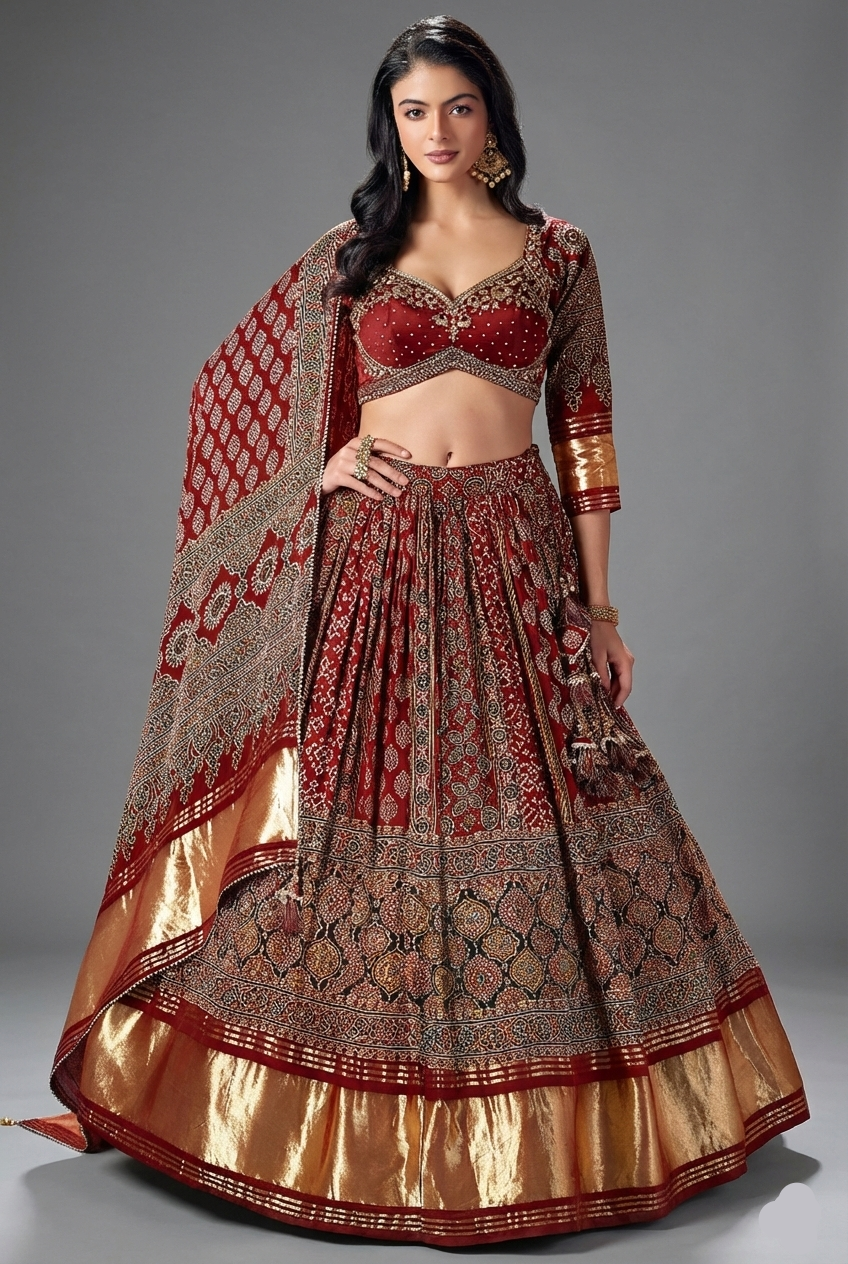 Maroon Gaji Silk Ajrakh Printed Lehenga - maroon silk saree