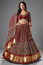 Maroon Gaji Silk Ajrakh Printed Lehenga - maroon silk saree