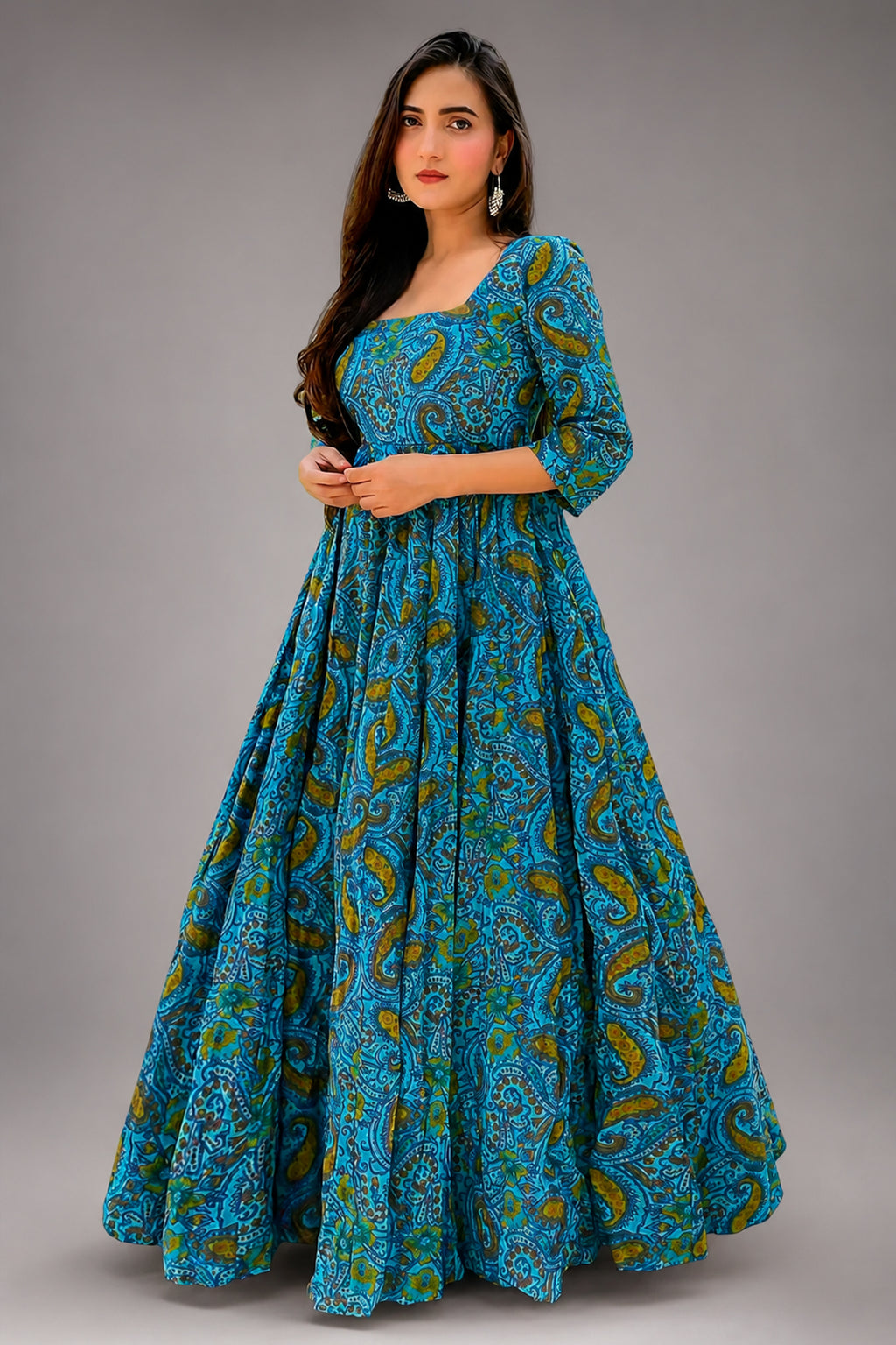 Light Blue Cotton Paisley Printed Kurti - blue cotton saree