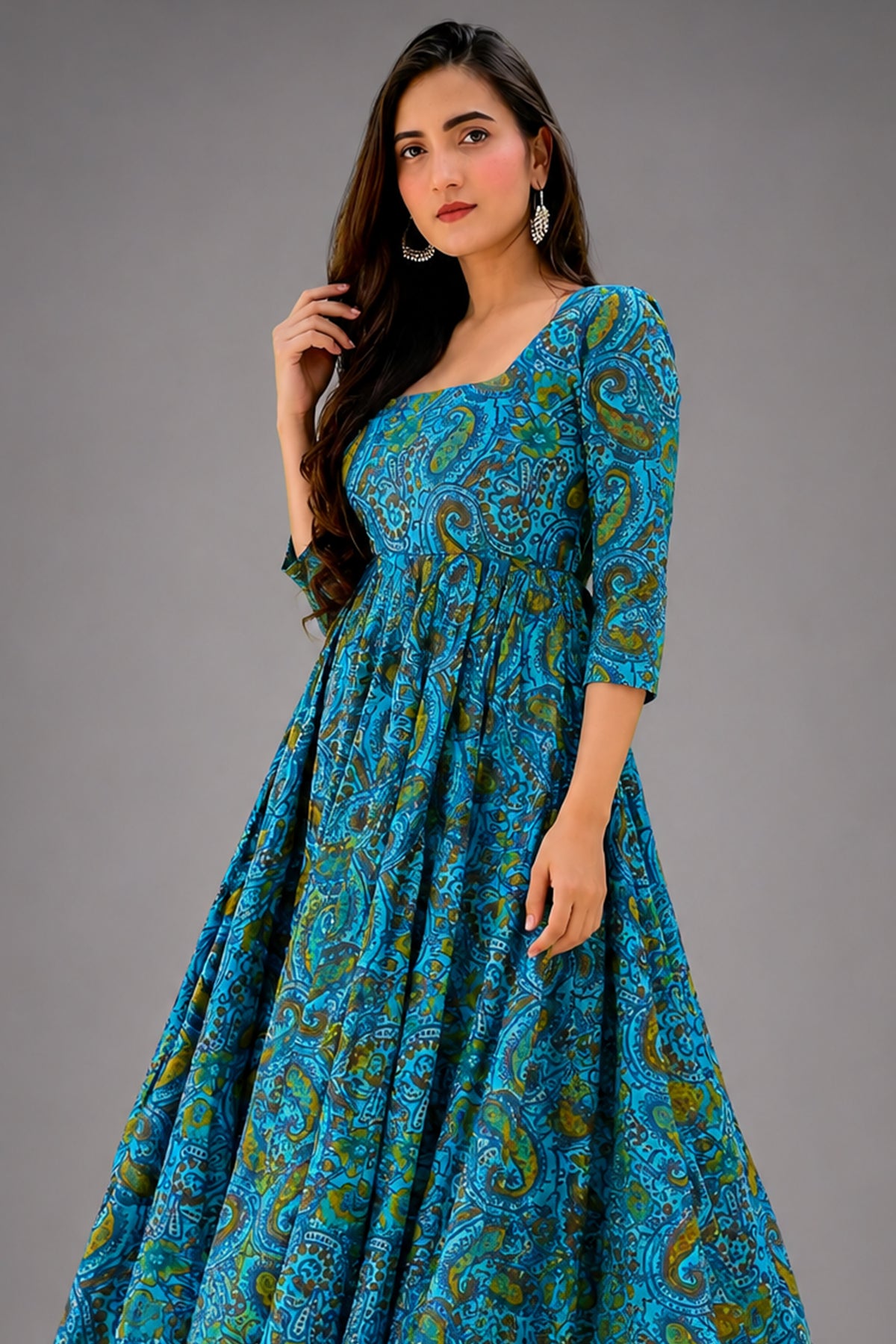 Light Blue Cotton Paisley Printed Kurti - blue cotton saree