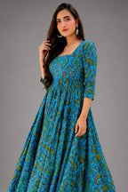 Light Blue Cotton Paisley Printed Kurti - blue cotton saree