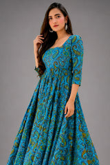 Light Blue Cotton Paisley Printed Kurti - blue cotton saree