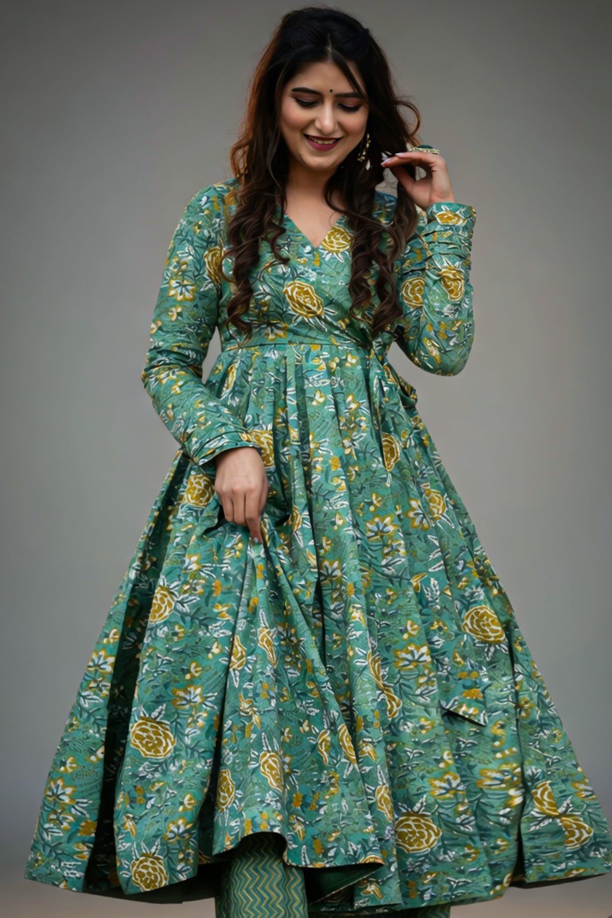 Sea Green Cotton Silk Printed Anarkali Kurti with Palazzo - green silk saree
