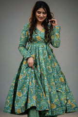 Sea Green Cotton Silk Printed Anarkali Kurti with Palazzo - green silk saree