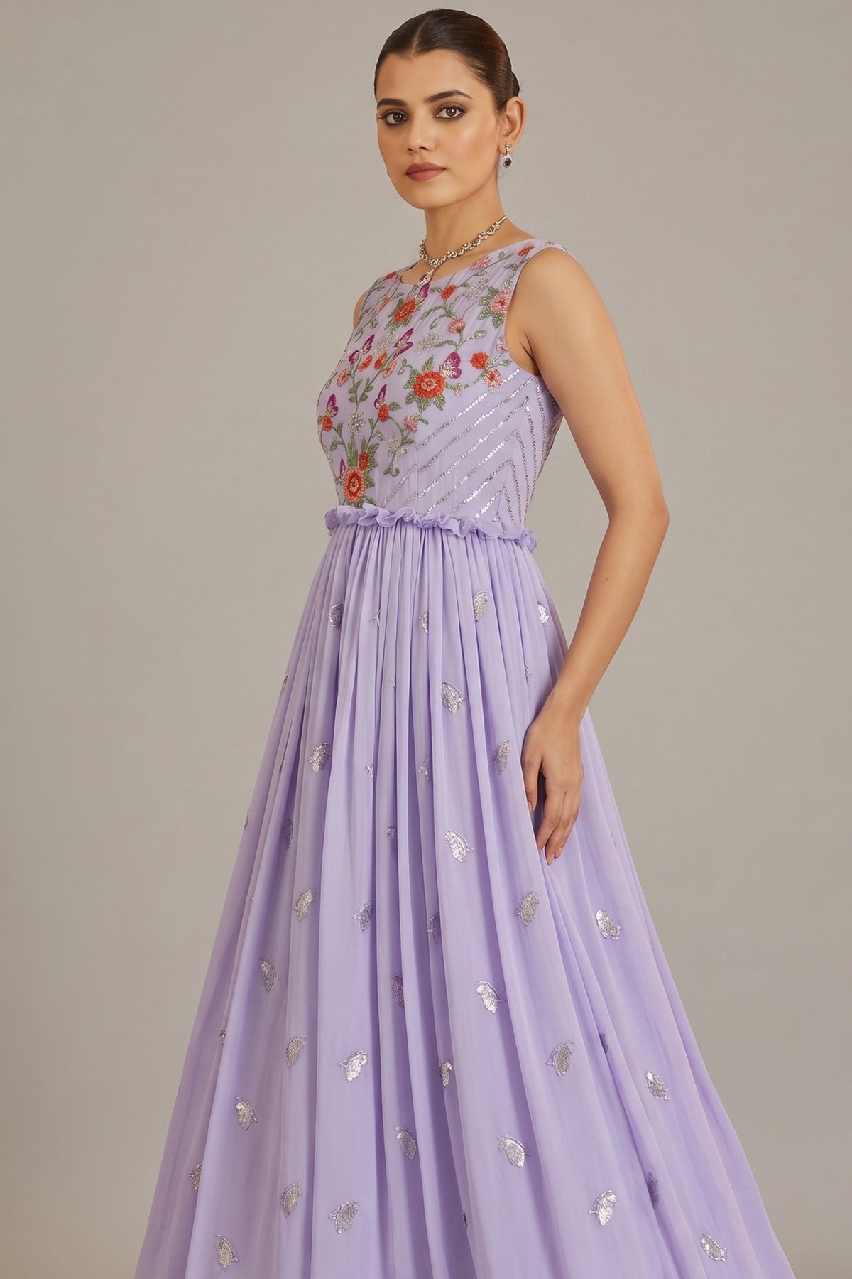 Light Purple Georgette Kurti with Embroidery - purple georgette saree embroidery