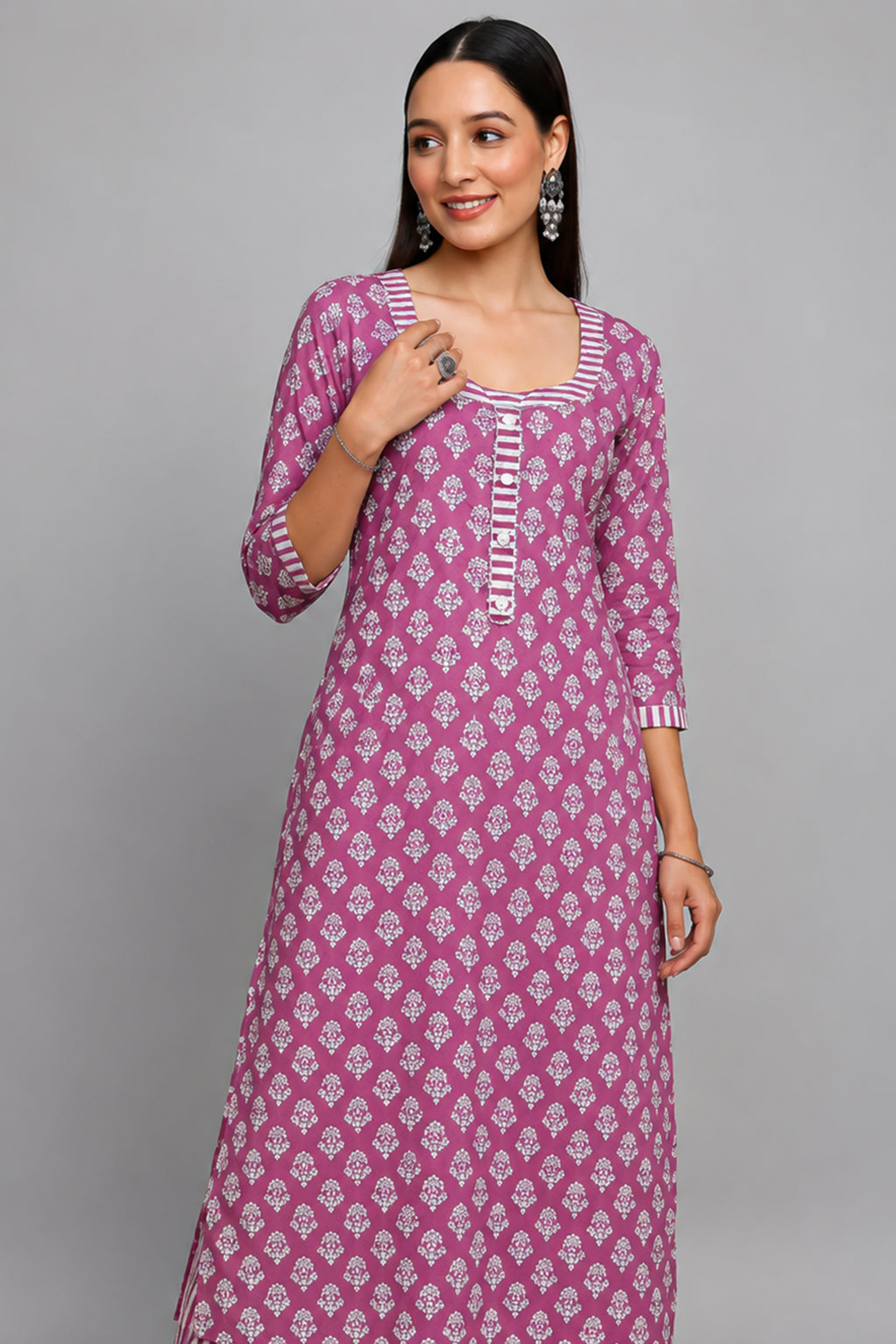 Pearly Purple Kurti Set in Cotton with Floral Print - purple cotton saree
