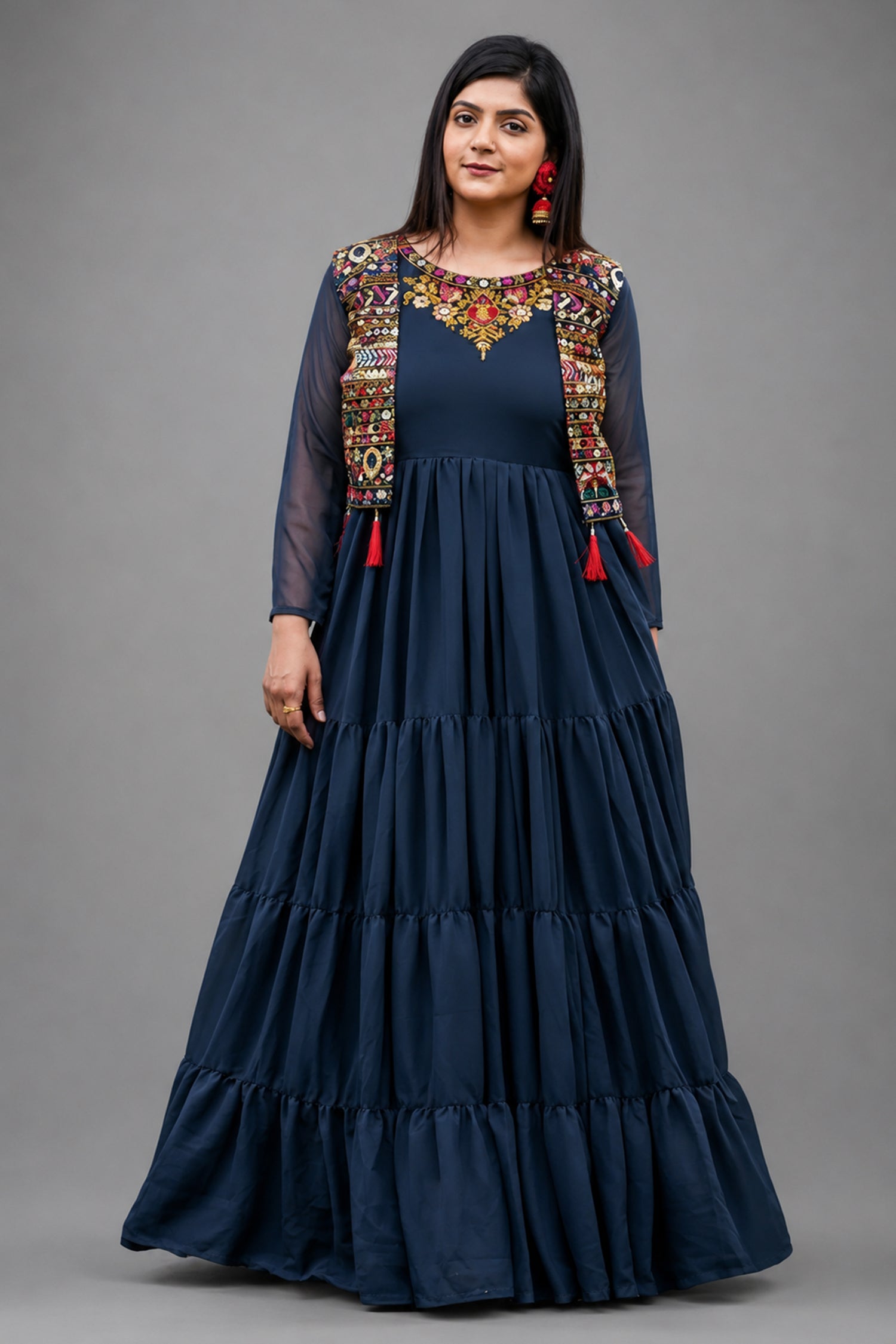 Blue Flared Anarkali Kurti in Georgette with Embroidery - red georgette saree embroidery Main image