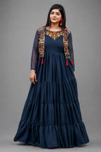 Blue Flared Anarkali Kurti in Georgette with Embroidery - red georgette saree embroidery