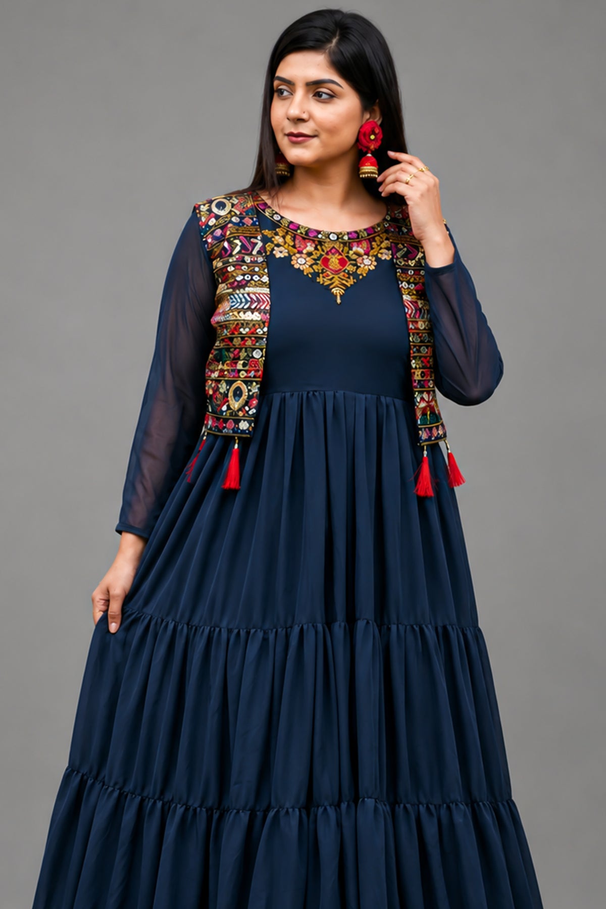 Blue Flared Anarkali Kurti in Georgette with Embroidery - red georgette saree embroidery