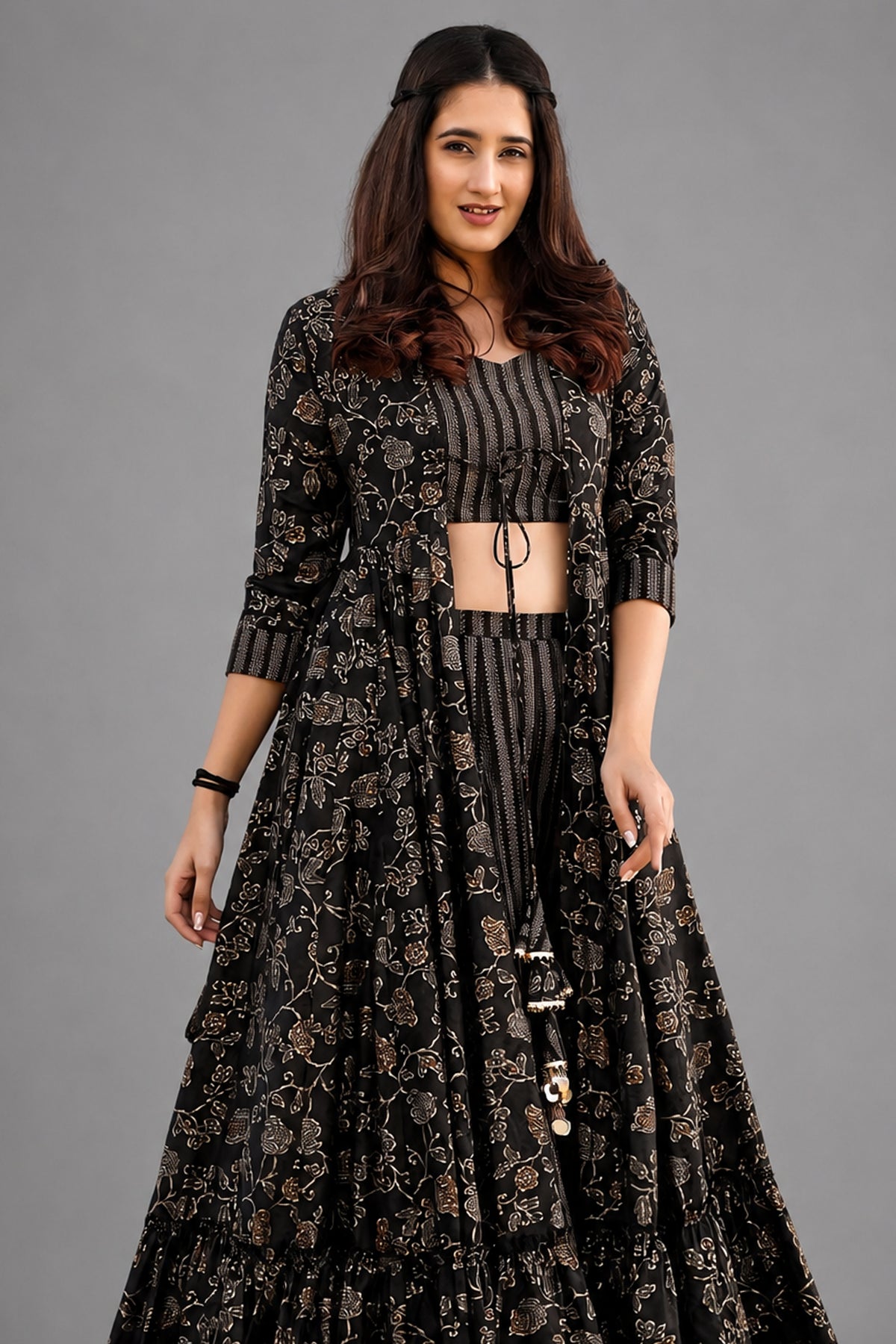 Black Muslin Printed Crop Top Palazzo Set with Flared Floral Motif Shrug - red muslin saree