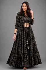 Black Muslin Printed Crop Top Palazzo Set with Flared Floral Motif Shrug - red muslin saree