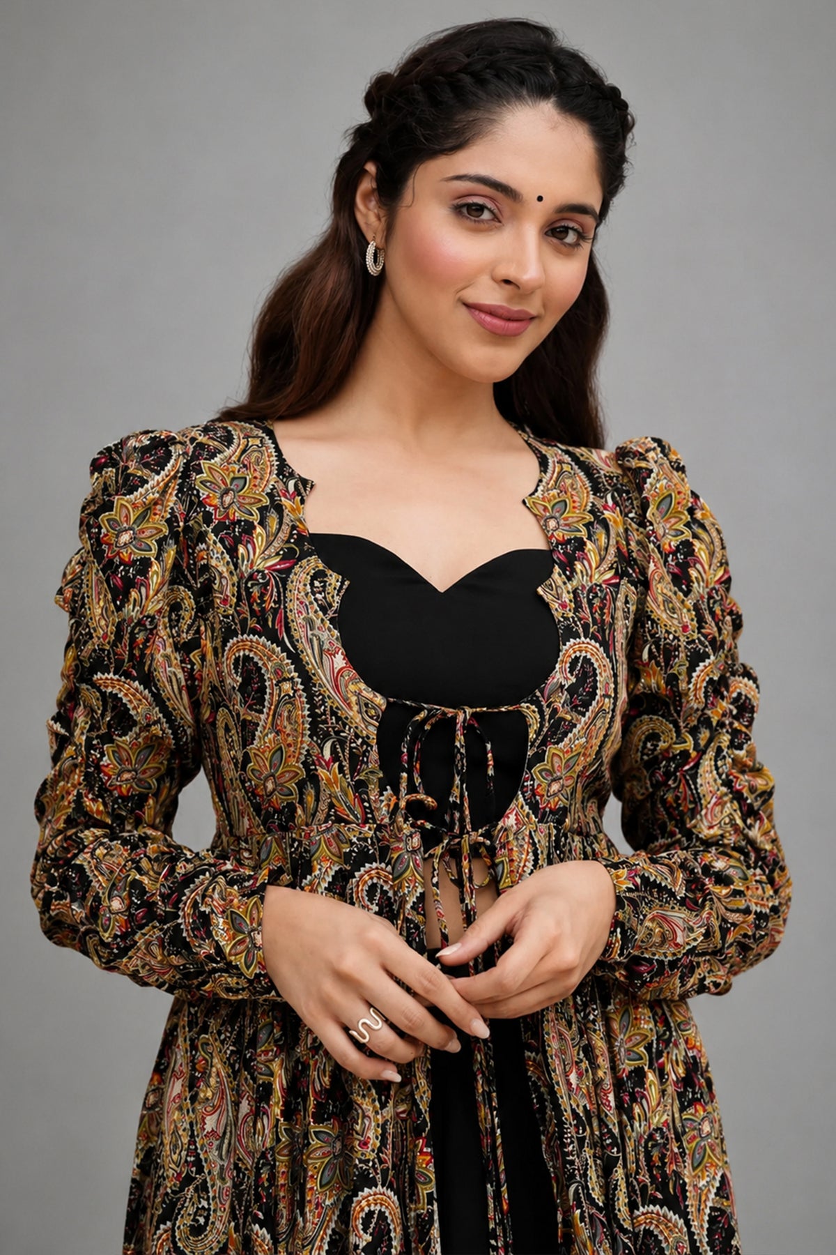Black Crop Top Lehenga Set in Georgette with Paisley Motifs Long Shurg - black georgette saree