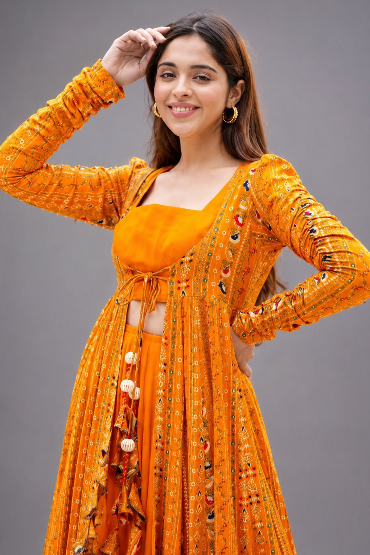 Orange Crop Top Lehenga Set in Georgette with Printed Long Shurg - orange georgette saree