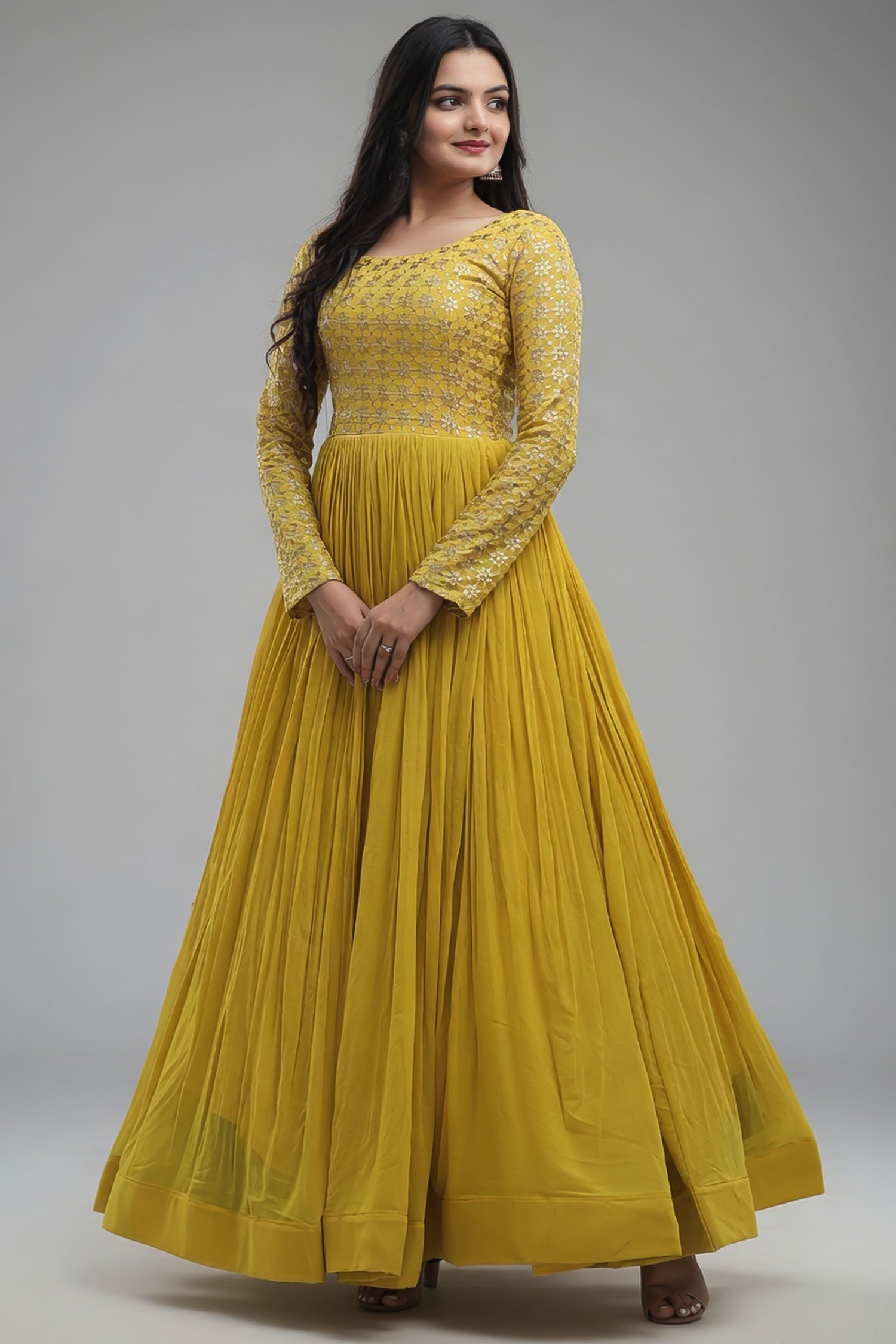 Yellow Georgette Anarkali Kurti with Embroidery Sequin Work - yellow georgette saree embroidery