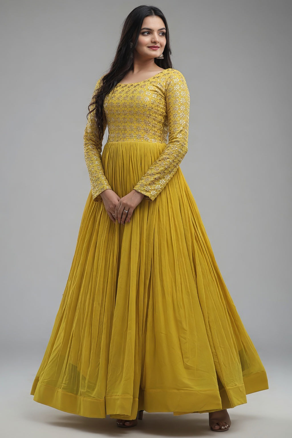 Yellow Georgette Anarkali Kurti with Embroidery Sequin Work - yellow georgette saree embroidery
