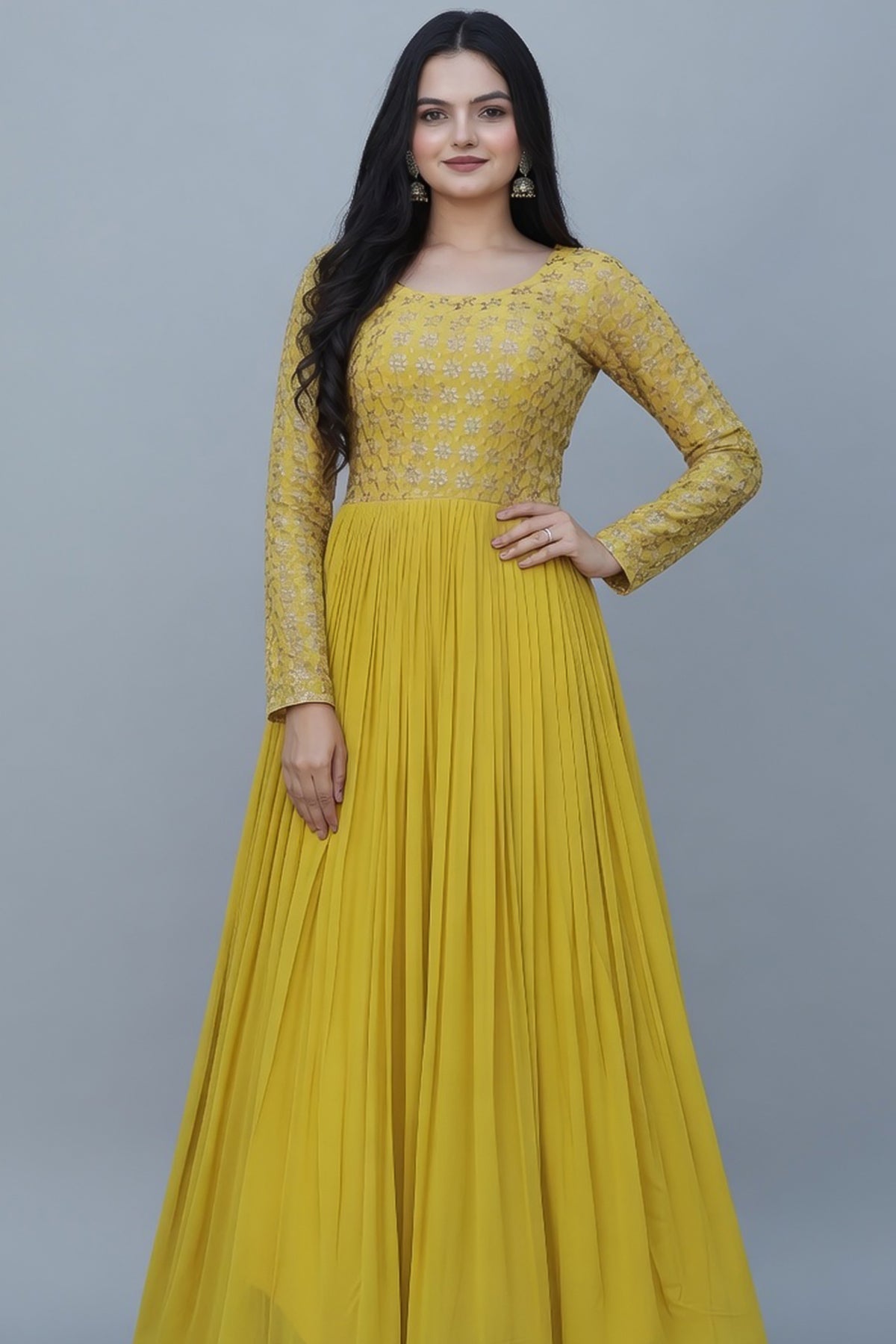 Yellow Georgette Anarkali Kurti with Embroidery Sequin Work - yellow georgette saree embroidery