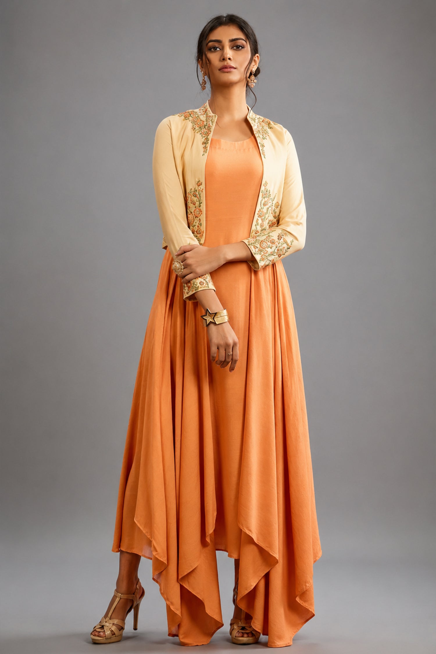 Light Orange Long Kurti in Rayon Cotton with Embroidered Jacket - red cotton saree embroidered