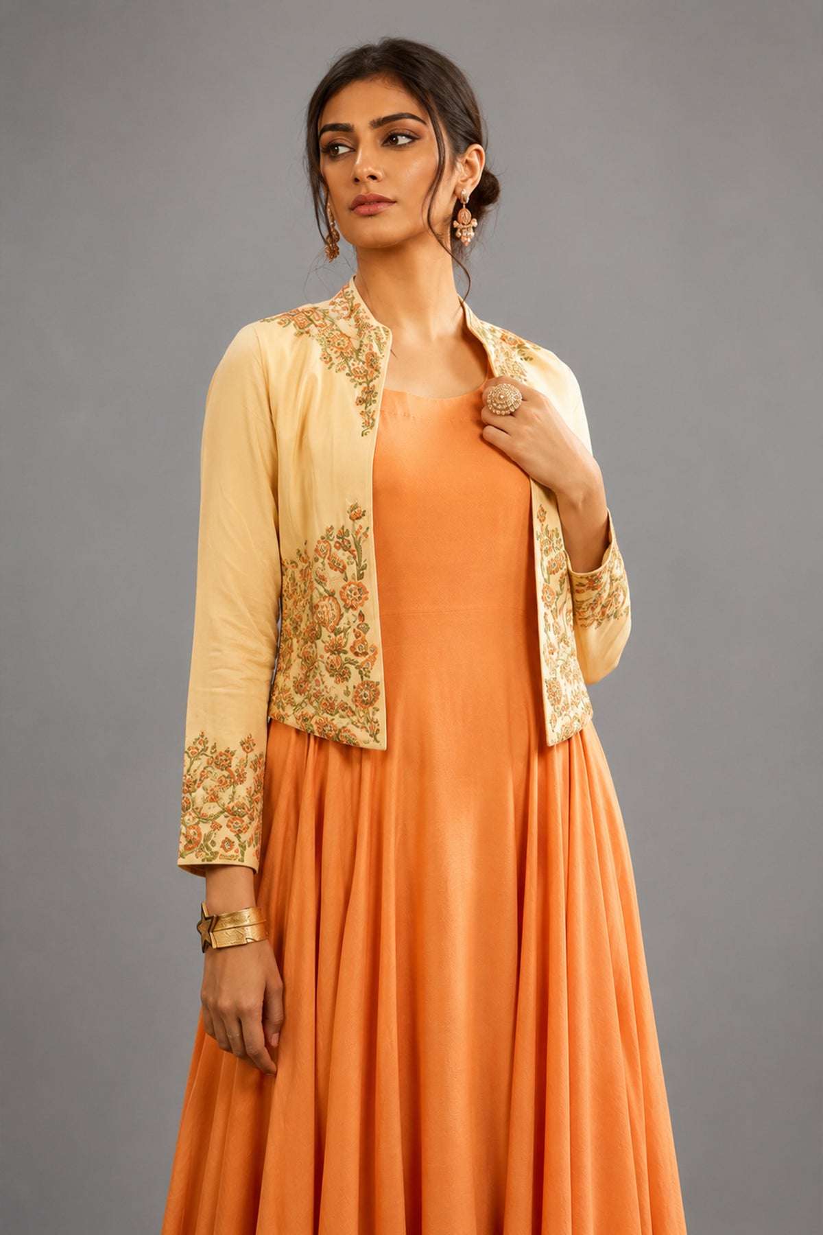 Light Orange Long Kurti in Rayon Cotton with Embroidered Jacket - red cotton saree embroidered