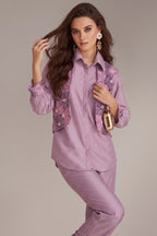 Lilac Purple Shirt Style Co-Ord Set in Silk with Embroidery and Cutdana Work - purple silk saree embroidery
