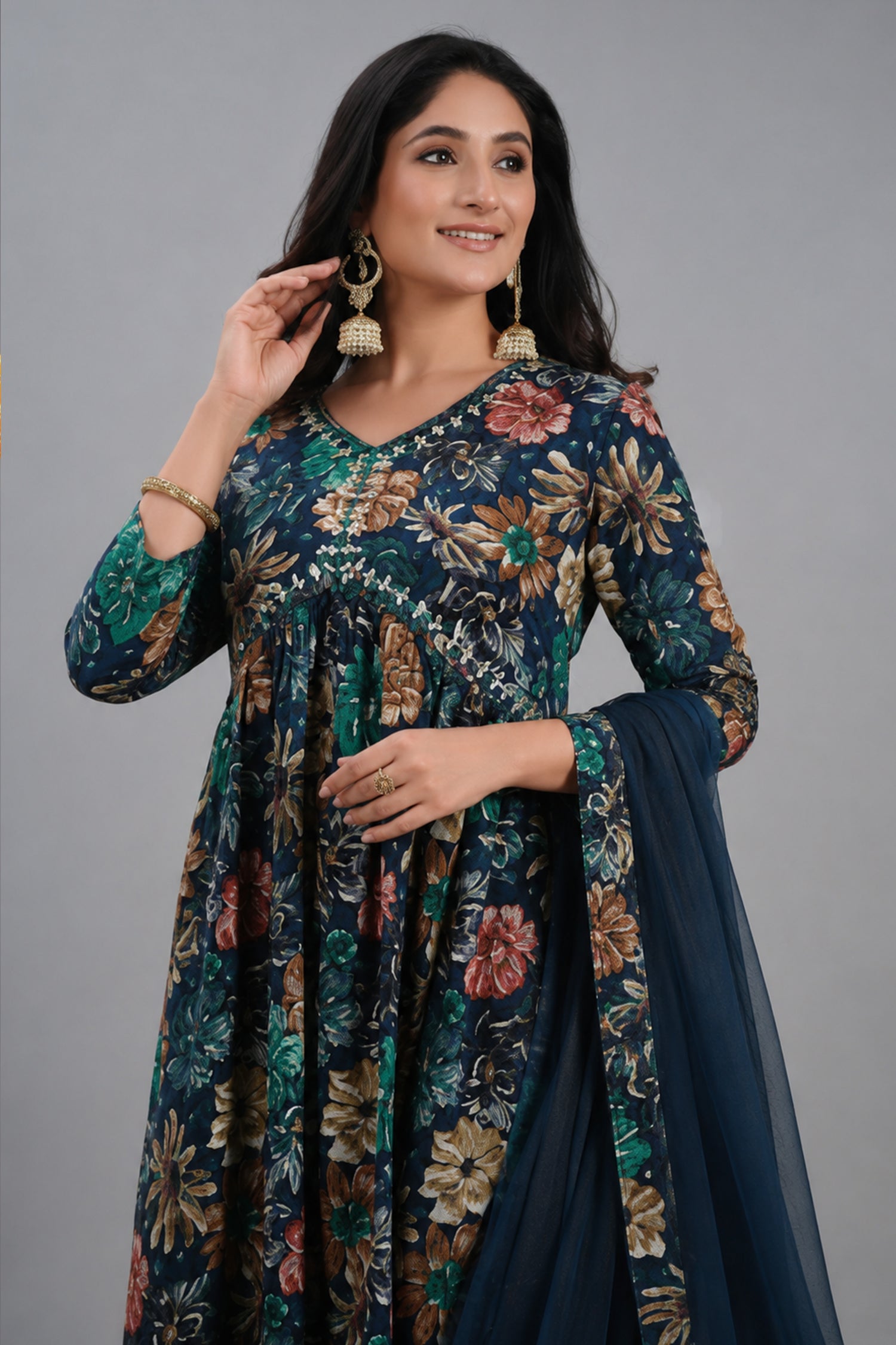 Prussian Blue Straight Cut Kurti with Floral Motifs and Mirror Embroidery Work - blue saree embroidery