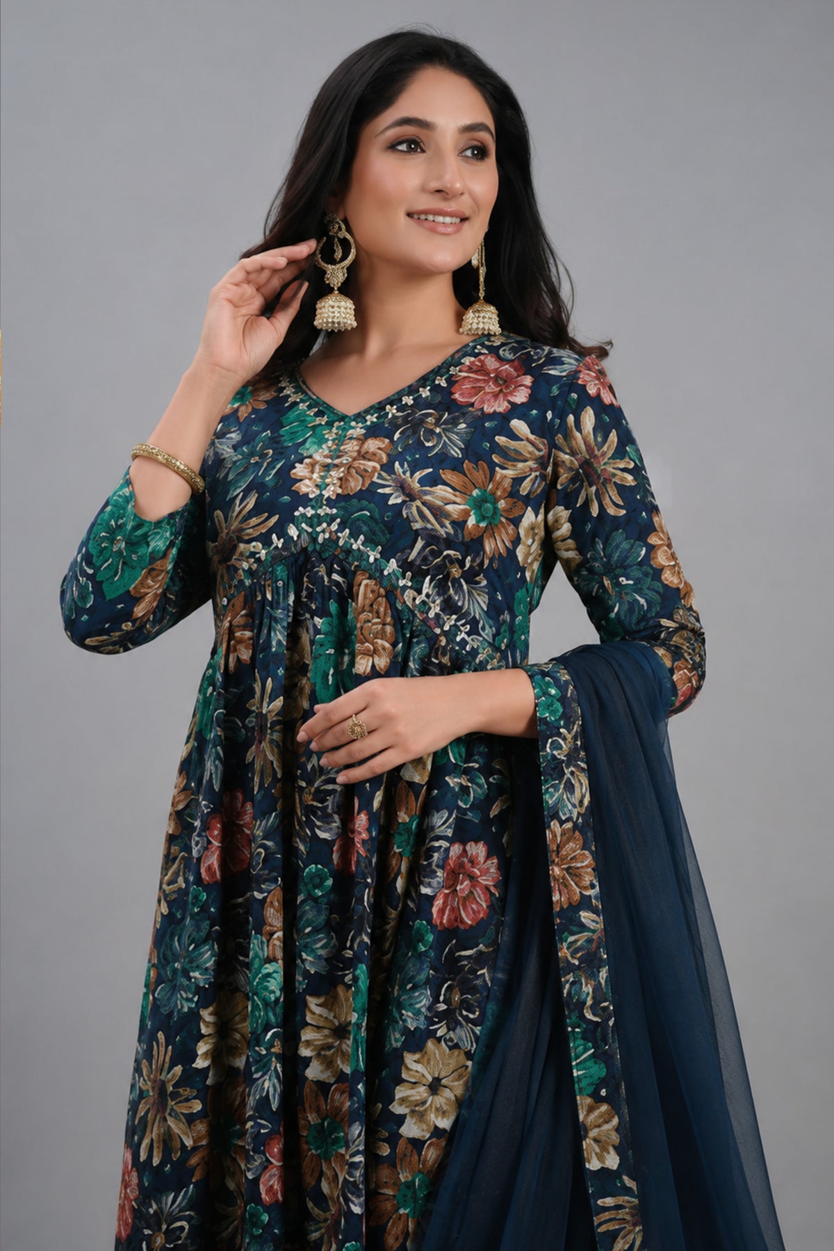 Prussian Blue Straight Cut Kurti with Floral Motifs and Mirror Embroidery Work - blue saree embroidery