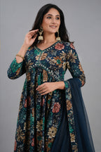 Prussian Blue Straight Cut Kurti with Floral Motifs and Mirror Embroidery Work - blue saree embroidery