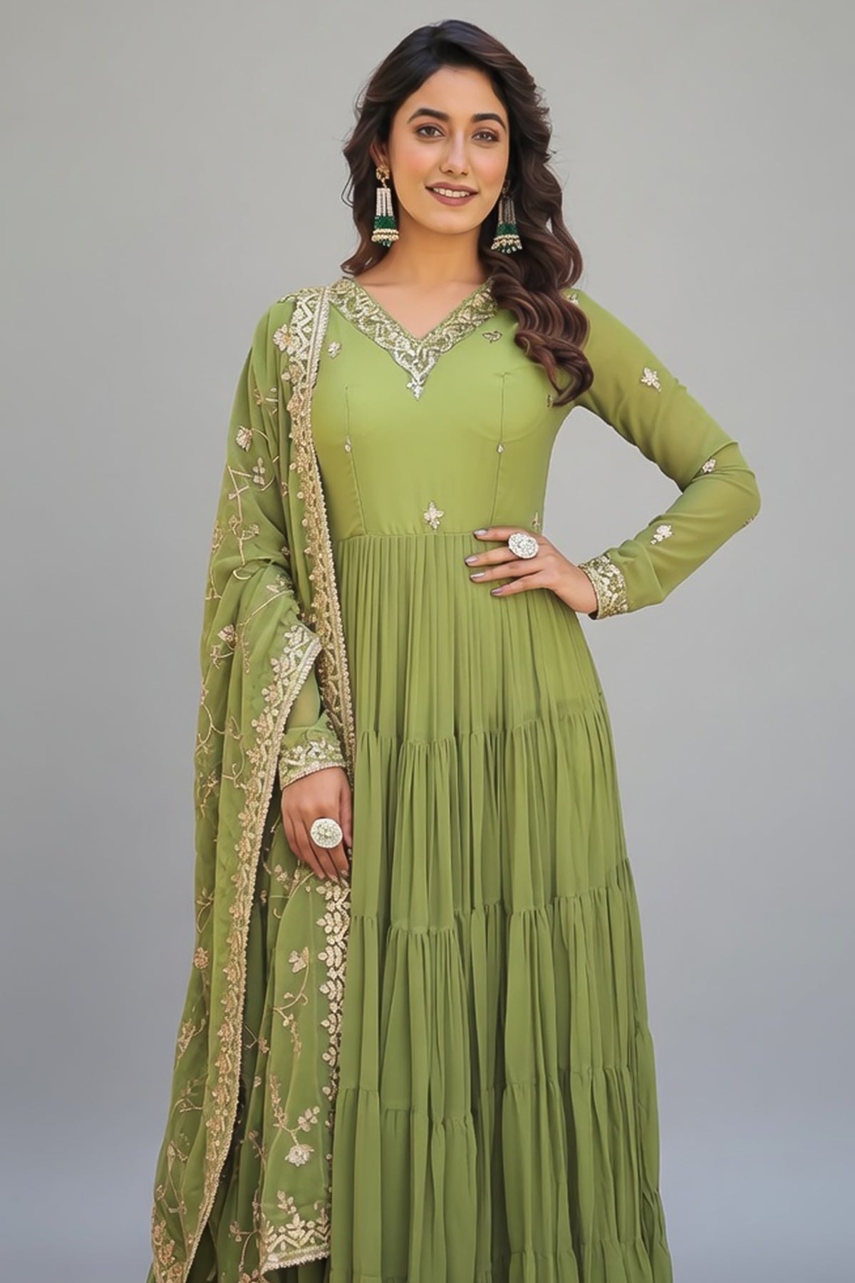 Georgette V Nack Line Anarkali Kurti with Dupatta