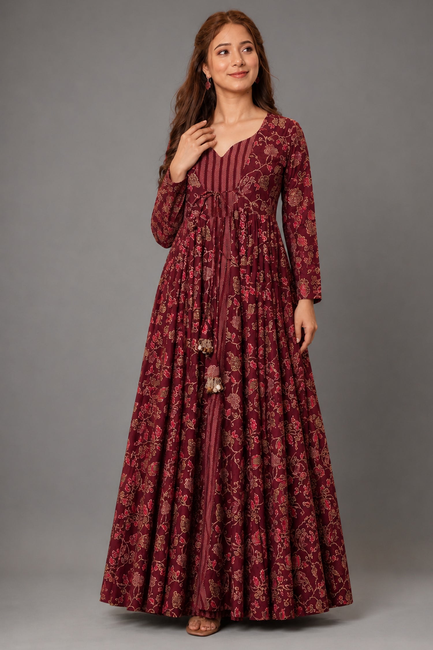 Maroon Muslin Anarkali Kurti with Long Shrug - maroon muslin saree Main image