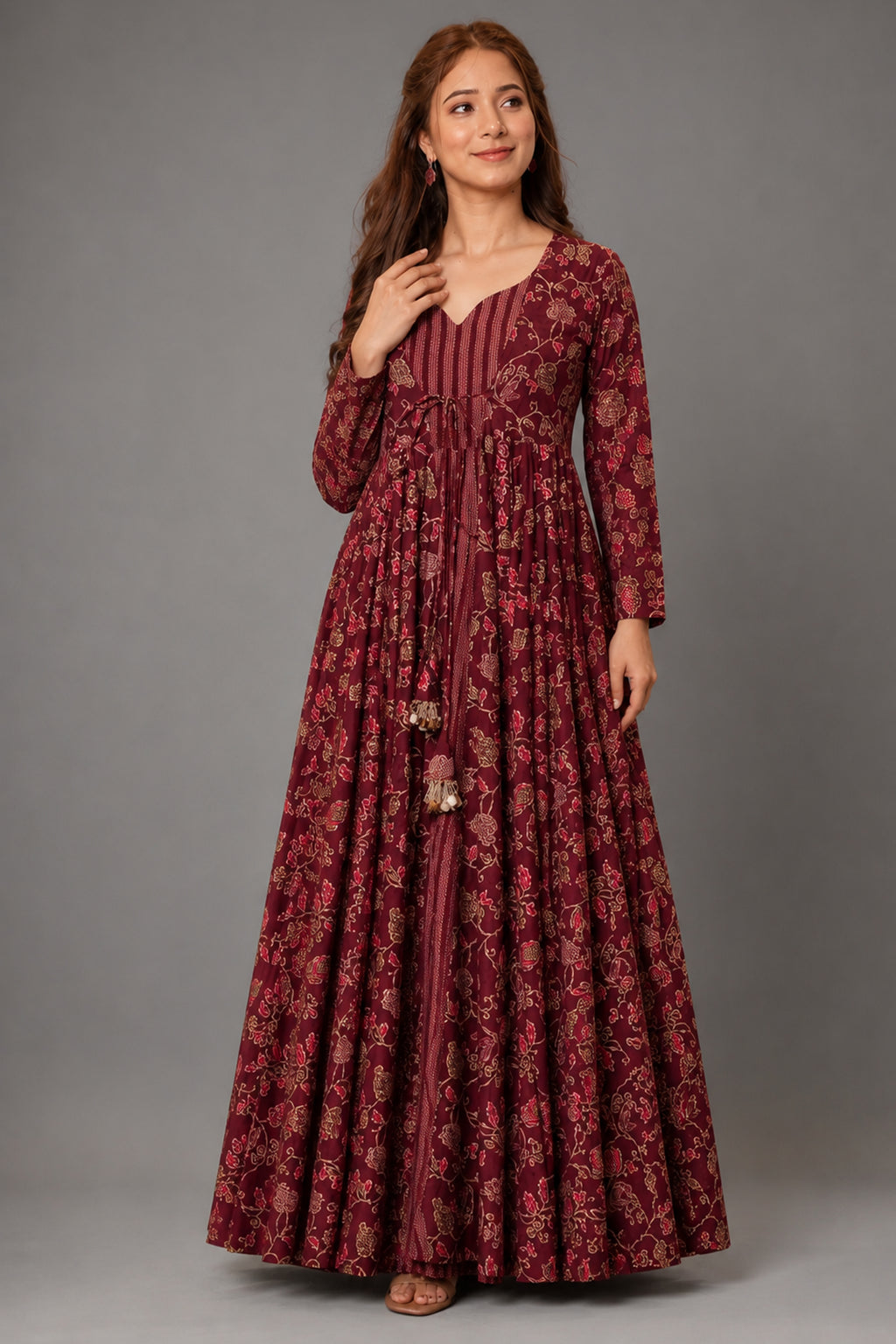 Maroon Muslin Anarkali Kurti with Long Shrug - maroon muslin saree