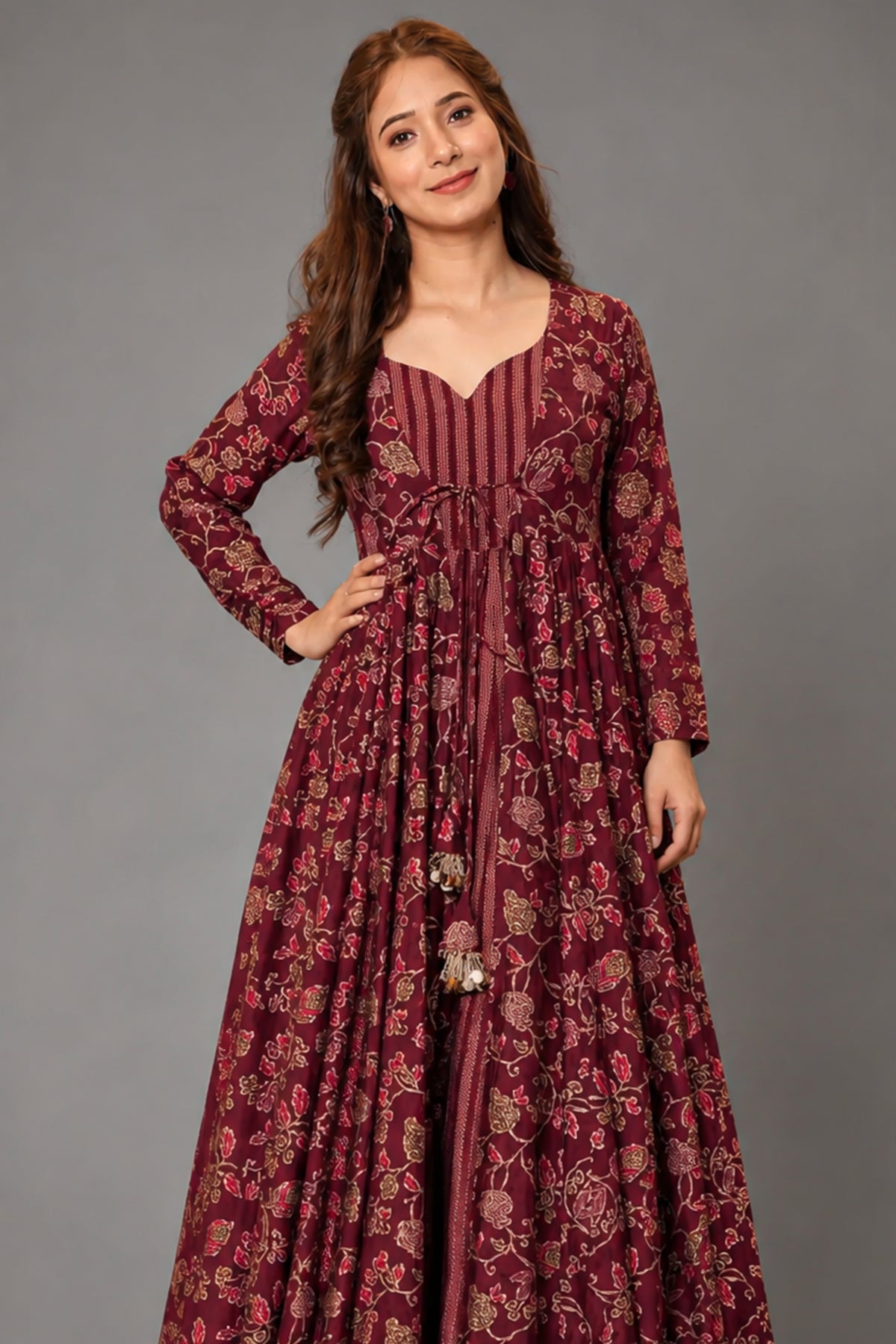 Maroon Muslin Anarkali Kurti with Long Shrug - maroon muslin saree