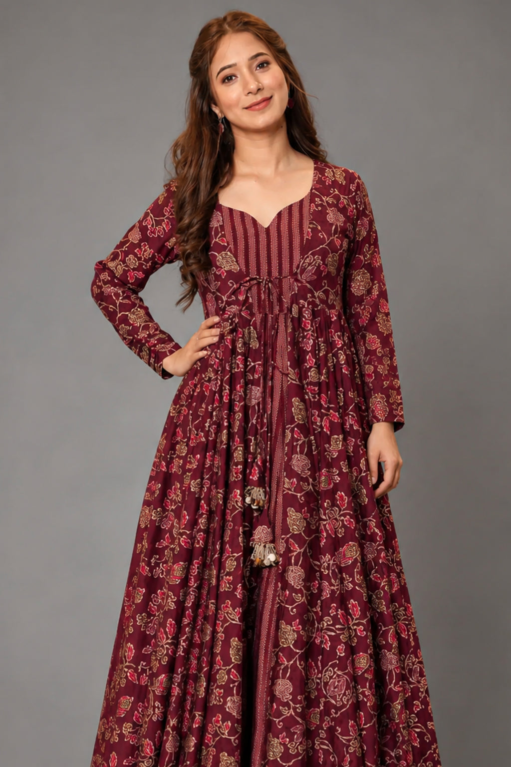 Maroon Muslin Anarkali Kurti with Long Shrug - maroon muslin saree