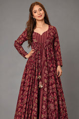 Maroon Muslin Anarkali Kurti with Long Shrug - maroon muslin saree