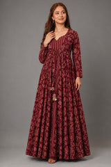 Maroon Muslin Anarkali Kurti with Long Shrug - maroon muslin saree