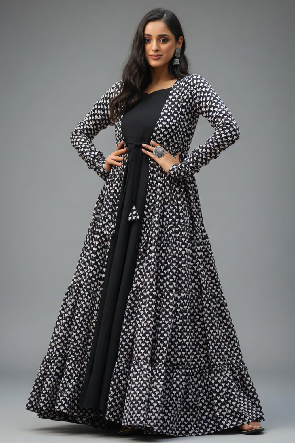 Black Georgette Plain Anarkali Kurti with Printed Long Shrug - black georgette saree