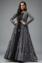 Black Georgette Plain Anarkali Kurti with Printed Long Shrug - black georgette saree