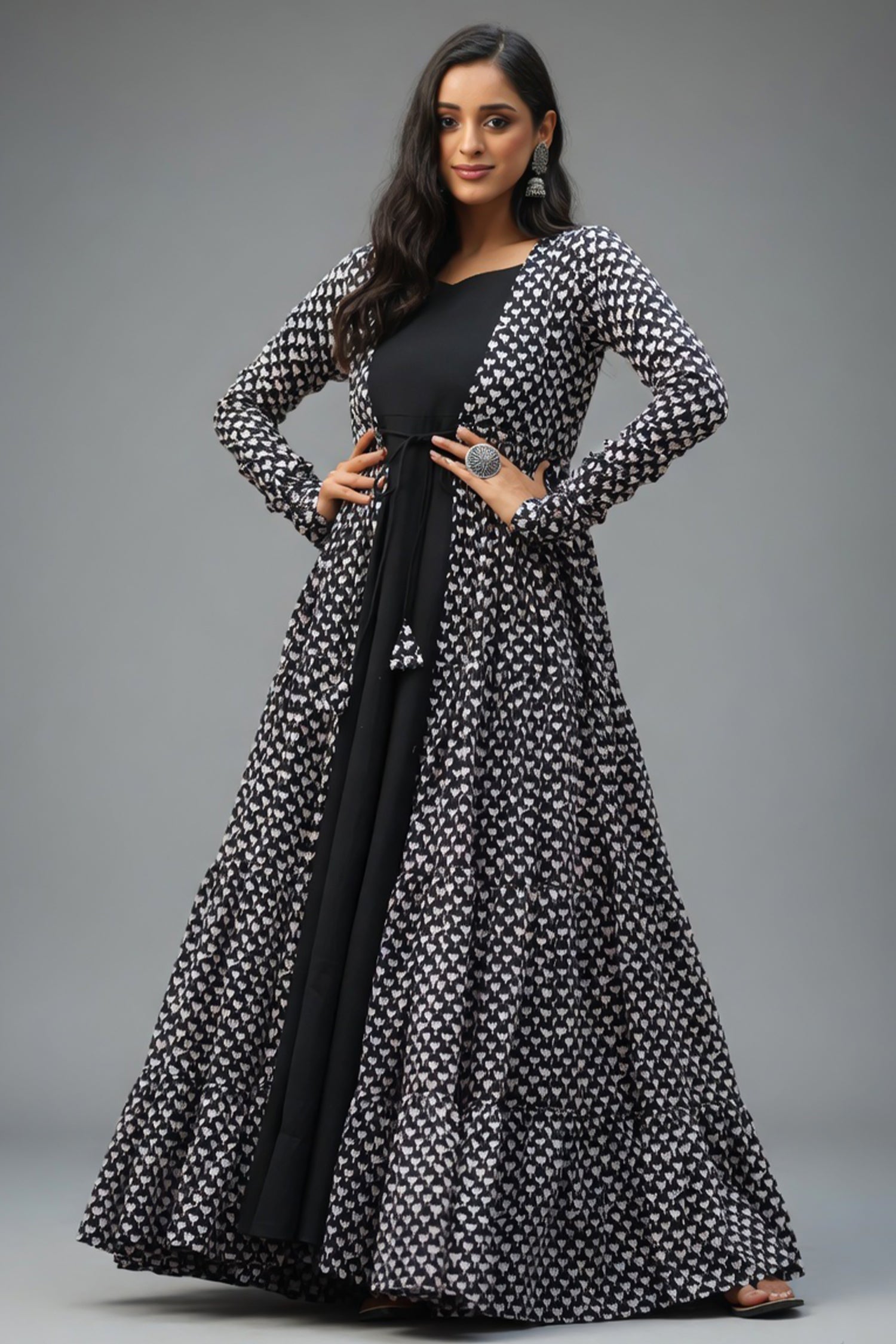 Black Georgette Plain Anarkali Kurti with Printed Long Shrug - black georgette saree