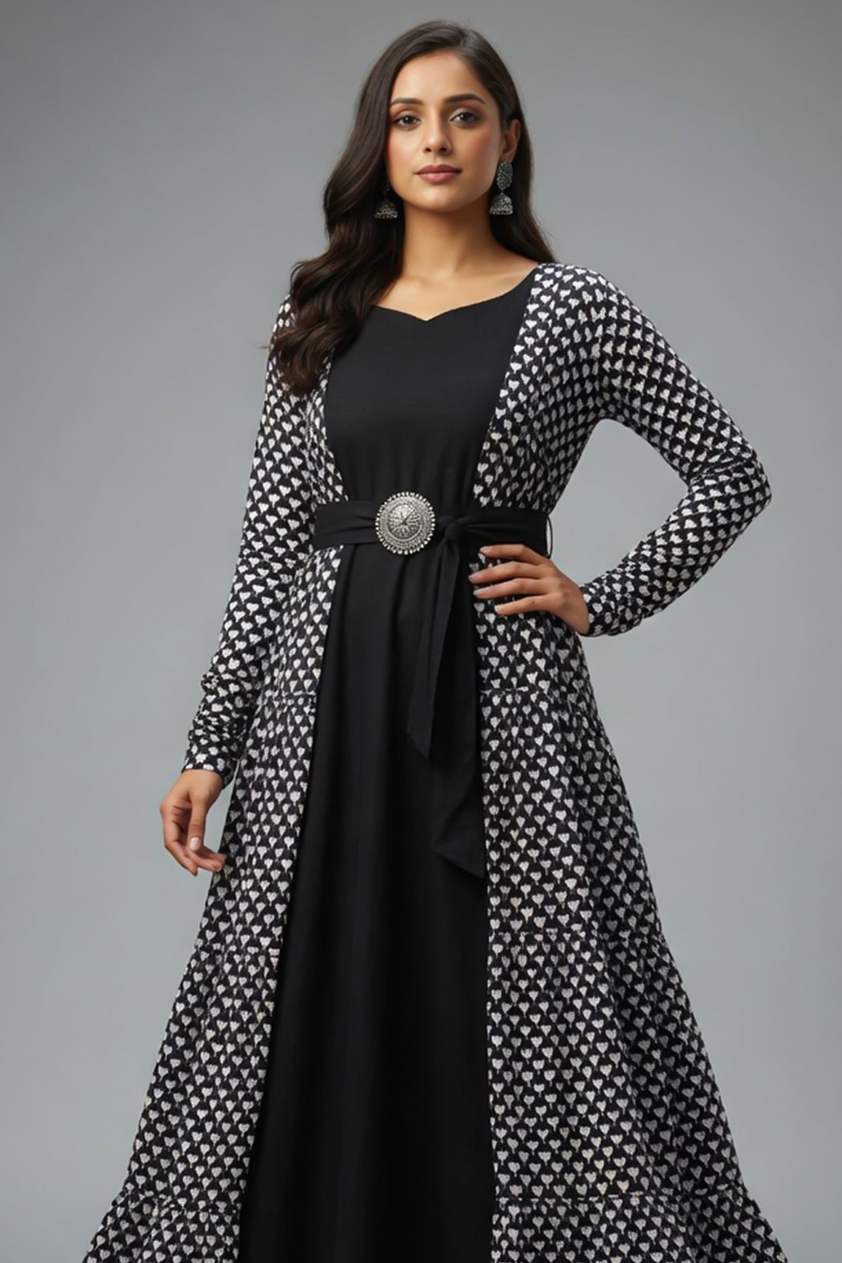 Black Georgette Plain Anarkali Kurti with Printed Long Shrug - black georgette saree