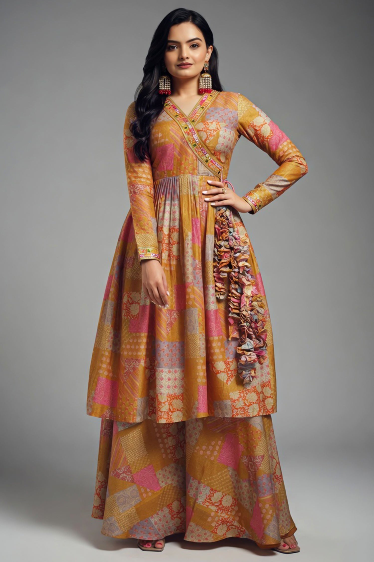 Mustard Muslin Printed Angrakha Style Anarkali Kurti with Palazzo - mustard muslin saree