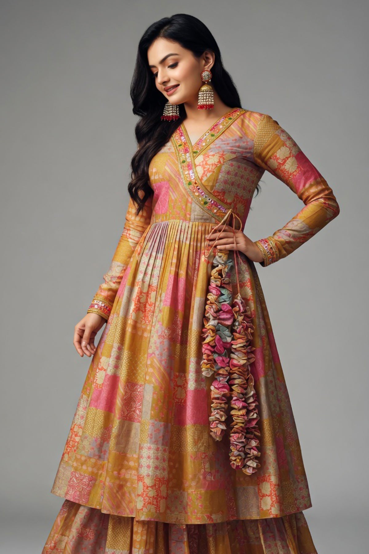 Mustard Muslin Printed Angrakha Style Anarkali Kurti with Palazzo - mustard muslin saree