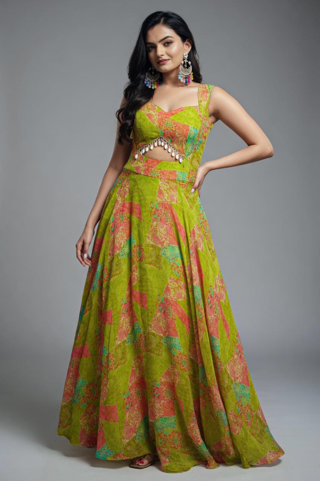 Lime Green Georgette Wide Shoulder Strap Front Cut Out Dress with Abstract Print - green georgette saree