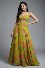 Lime Green Georgette Wide Shoulder Strap Front Cut Out Dress with Abstract Print - green georgette saree