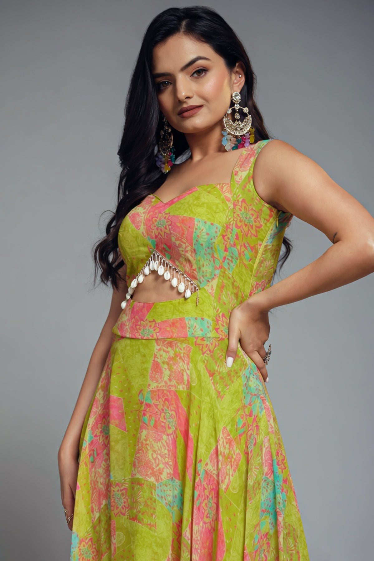 Lime Green Georgette Wide Shoulder Strap Front Cut Out Dress with Abstract Print - green georgette saree