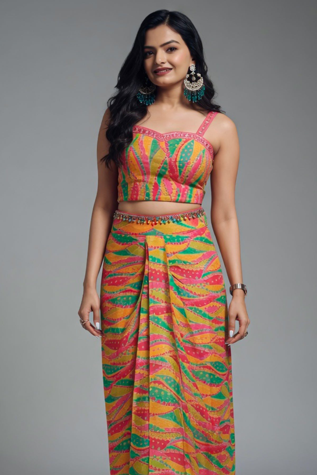 Orange Chinon Silk Abstract Print Shoulder Strap Crop Top and Dhoti Skirt with Jacket - orange silk saree