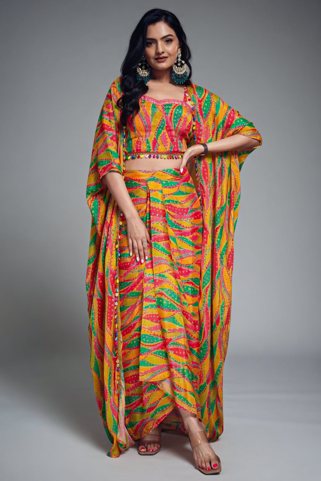 Orange Chinon Silk Abstract Print Shoulder Strap Crop Top and Dhoti Skirt with Jacket - orange silk saree