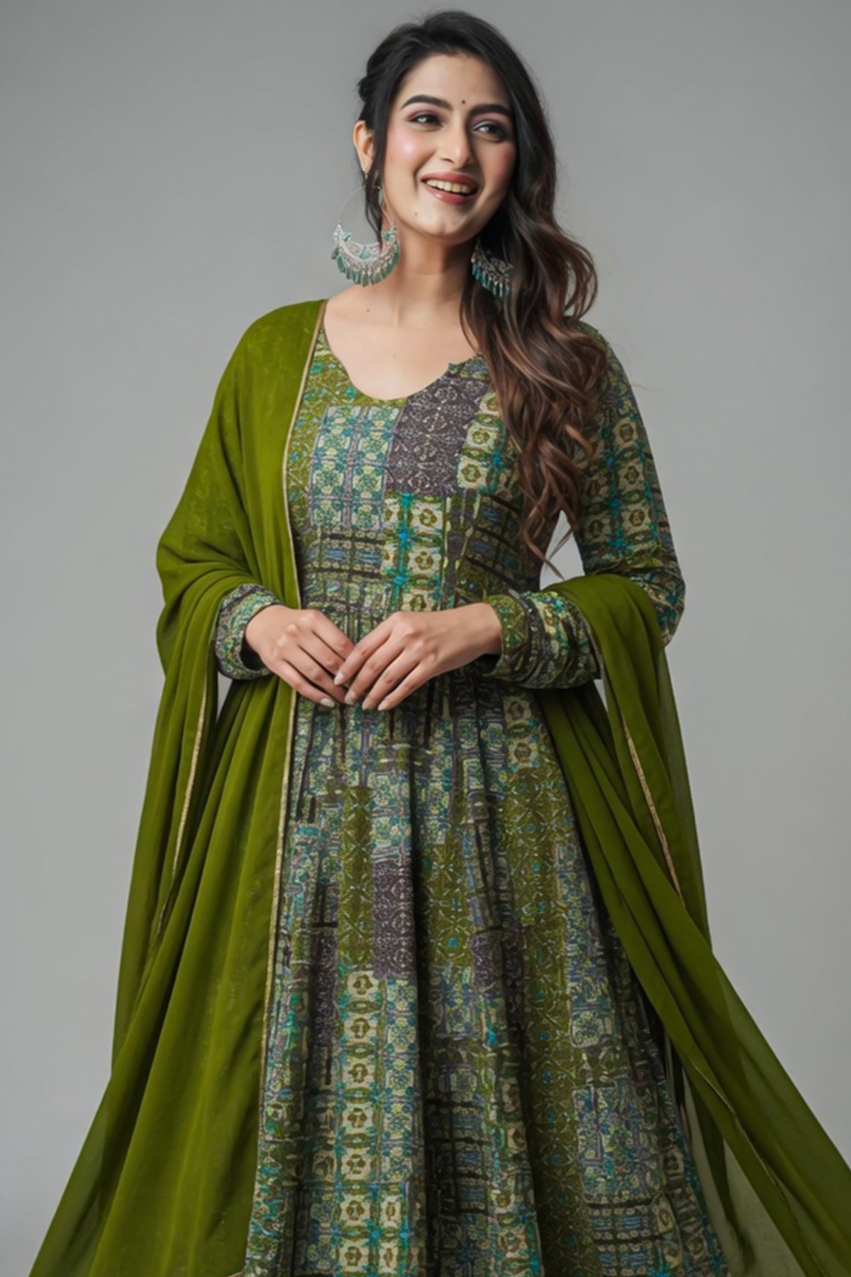 Green Rayon Printed Long Kurti with Dupatta - green rayon saree