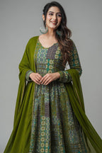 Green Rayon Printed Long Kurti with Dupatta - green rayon saree