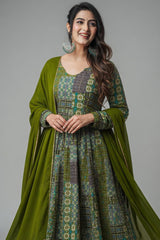 Green Rayon Printed Long Kurti with Dupatta - green rayon saree