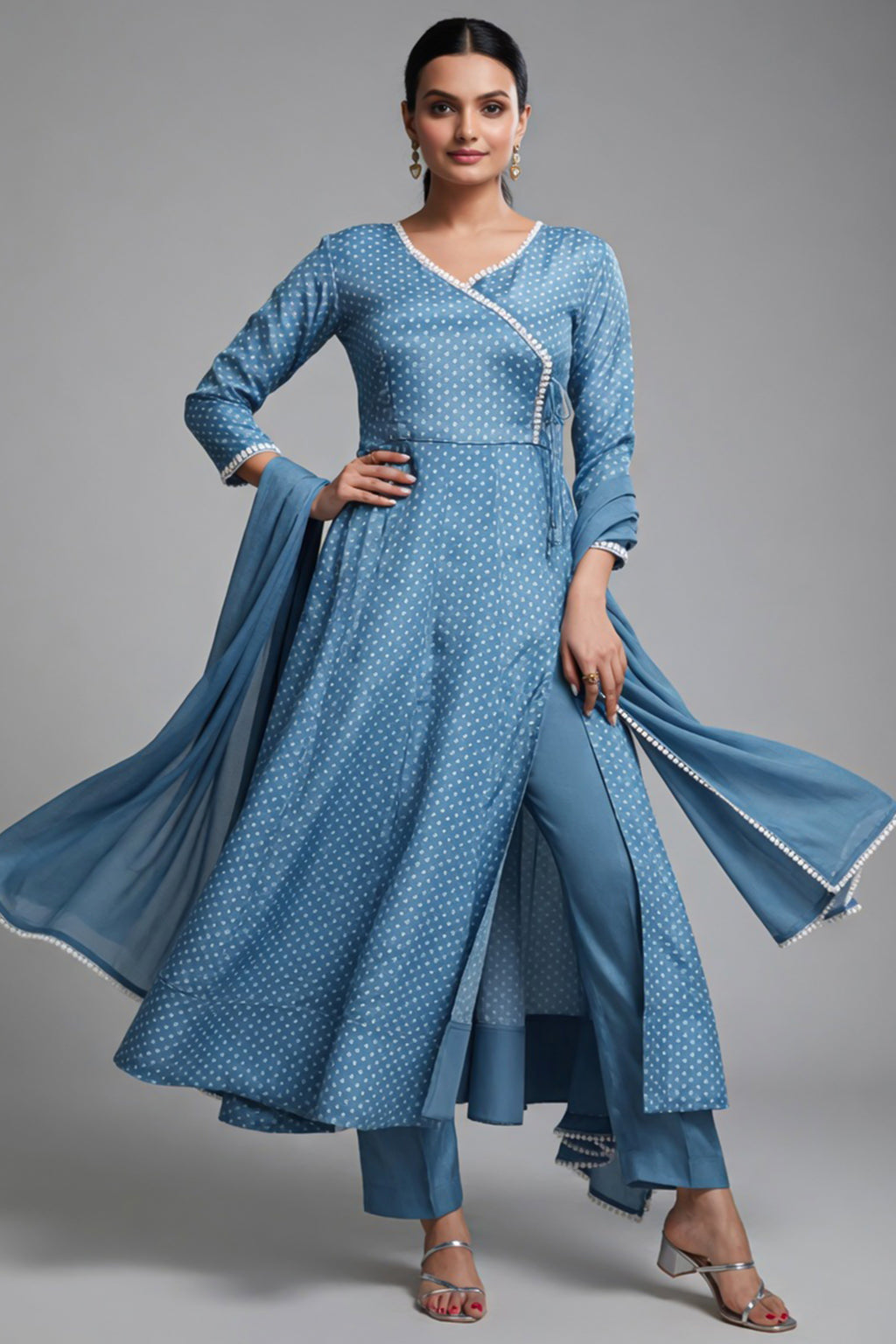Sky Blue Chinon Silk Angrakha Style Bandhej Printed Side Slit Cut Kurti Set - blue silk saree bandhej