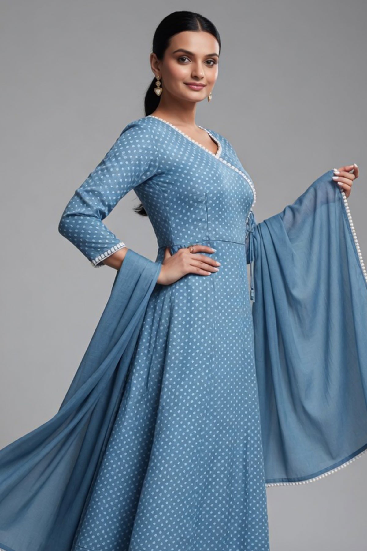 Sky Blue Chinon Silk Angrakha Style Bandhej Printed Side Slit Cut Kurti Set - blue silk saree bandhej
