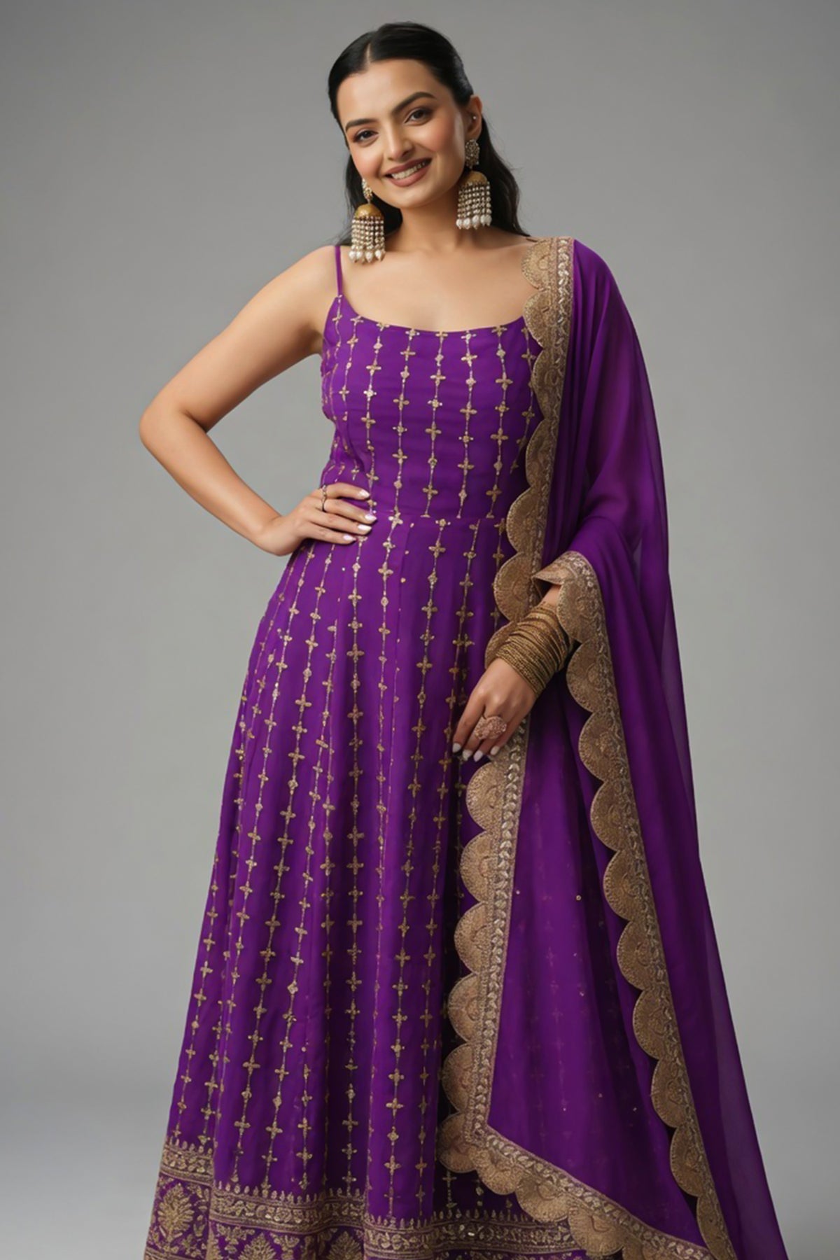 Purple Georgette Sequin Zari Embroidered Anarkali Kurti with Dupatta - red georgette saree embroidered